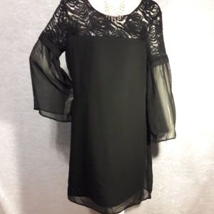 Black Luxology dress w/lace neck&bell sleeves NWT